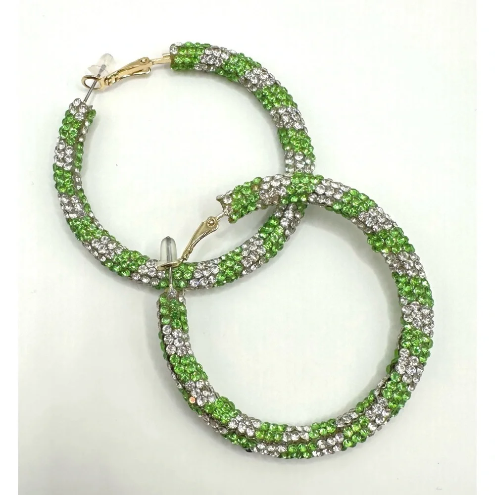 Green Striped Pave Rhinestone Hoop Earrings, NEW
